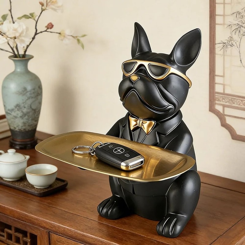 Bulldog Tray Statue Dog Storage Organizer Decorative Home Accent 0