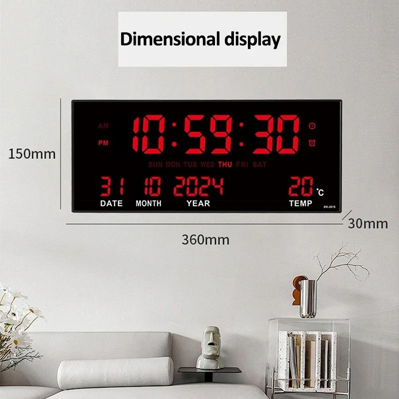 Large Digital Wall Clock LED Display With Alarm Calendar Temperature 5