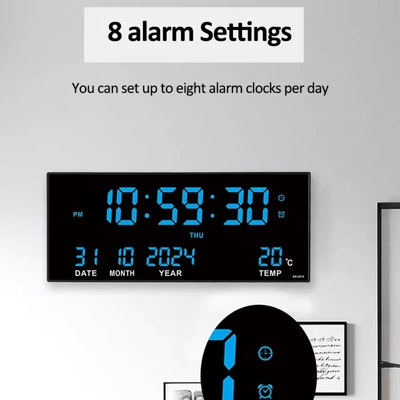 Large Digital Wall Clock LED Display With Alarm Calendar Temperature 9