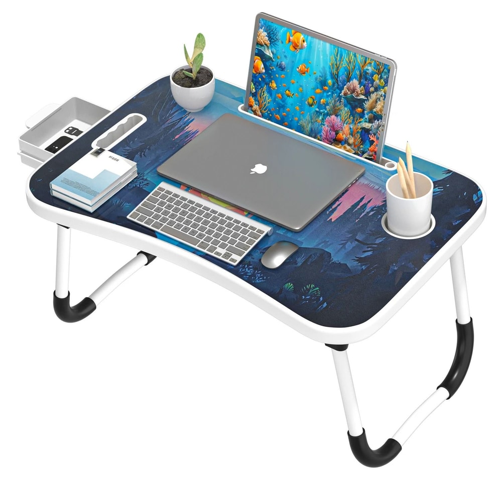Folding Laptop Bed Desk Portable Wooden Table With Cup Holder 5