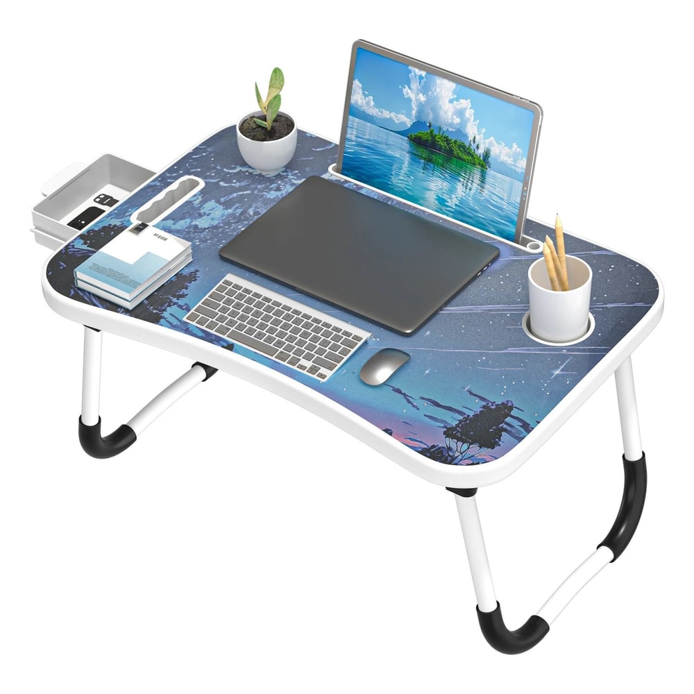 Folding Laptop Bed Desk Portable Wooden Table With Cup Holder 4