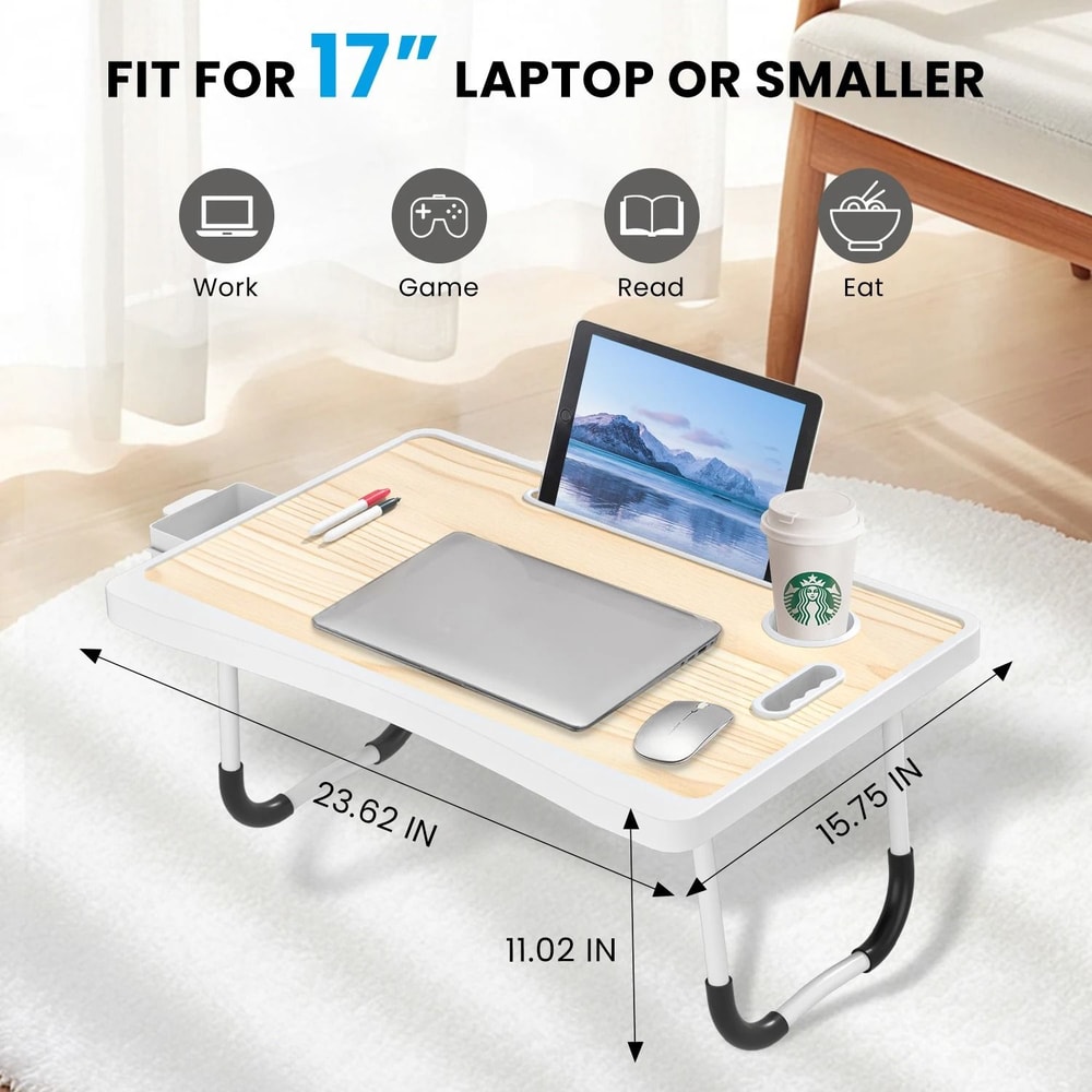 Folding Laptop Bed Desk Portable Wooden Table With Cup Holder 9