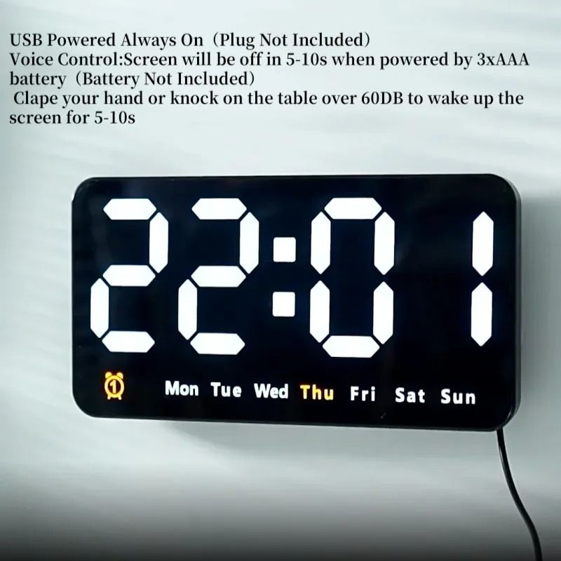 Voice Control Digital Wall Clock Large LED Display With Temperature And Dual Alarm 11