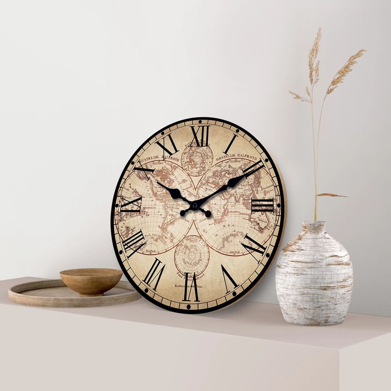 Nautical Compass Wall Clock Vintage Wooden Beach Style Silent Decor 6