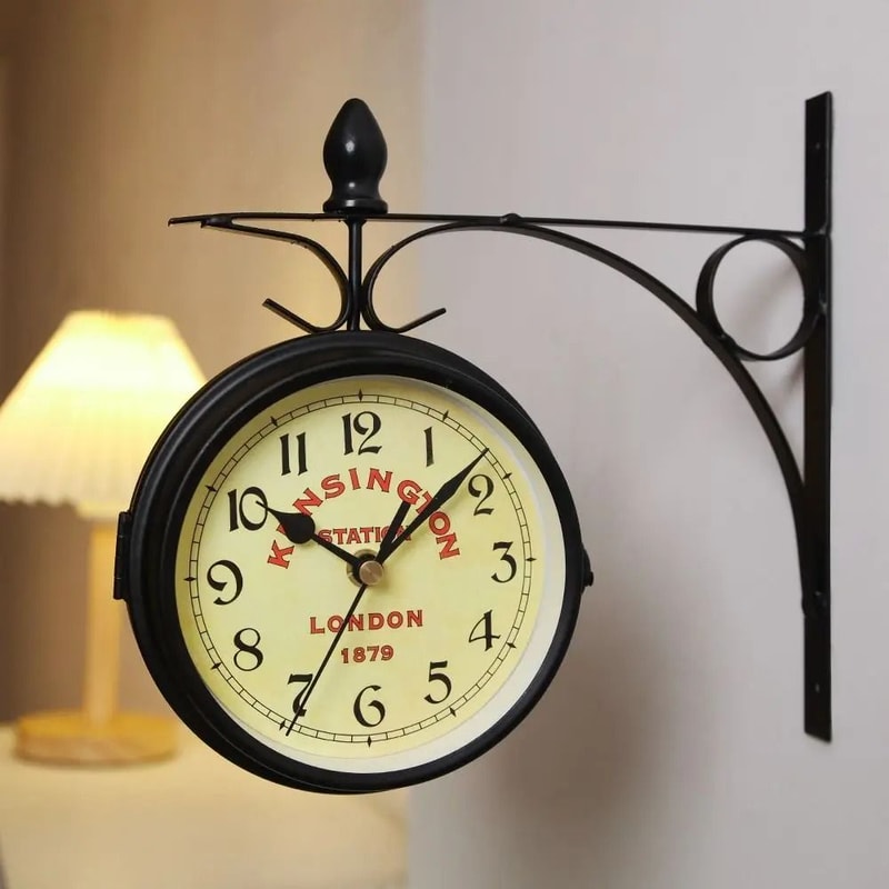 Vintage Double Sided Wall Clock Retro Metal Train Station Style 3