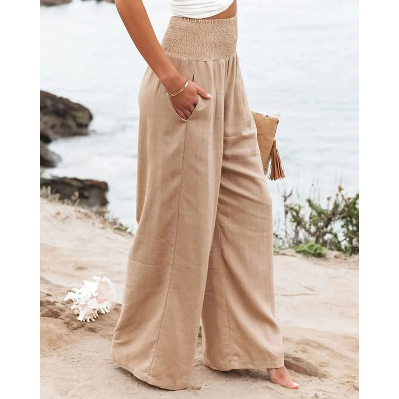 Wide Leg Pants Women Drawstring Casual Beach Pants Loose Summer Flowy Pants 0