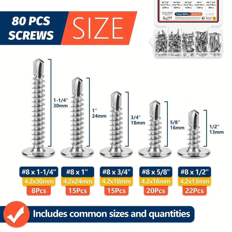 Self Tapping Stainless Steel Screws Assortment Kit Sheet Metal Self Drilling Screws Set 5
