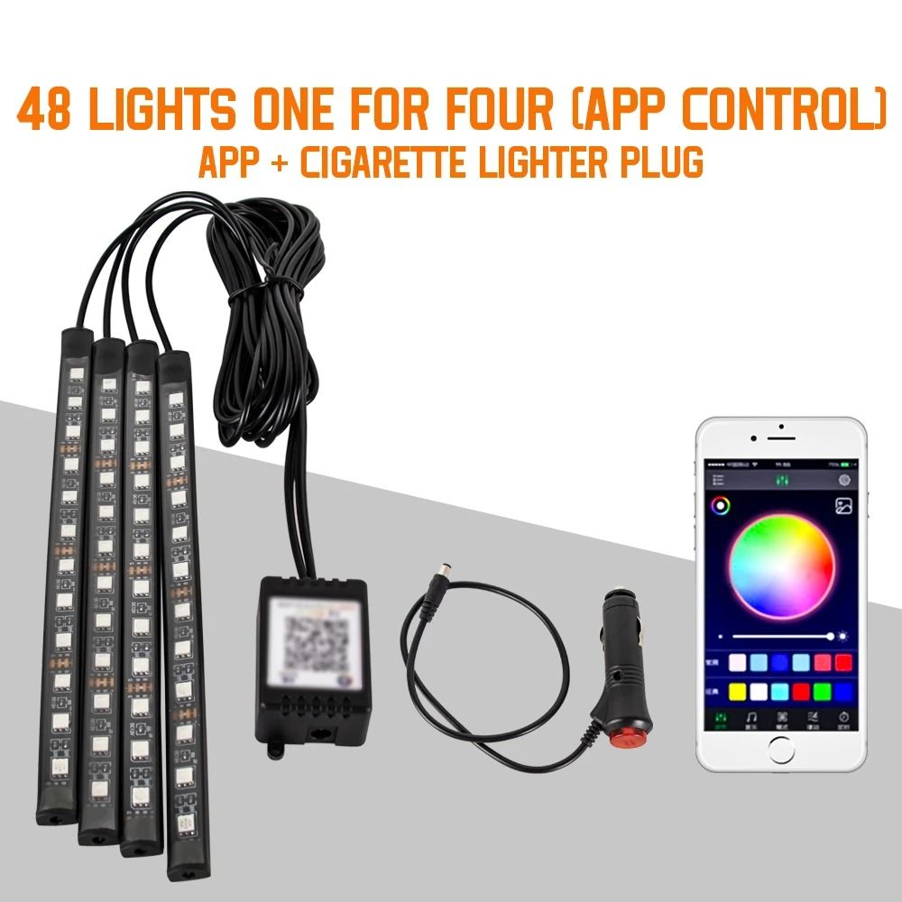 RGB Car Interior LED Lights Music Sync Ambient Lighting Kit With Remote And App Control 15