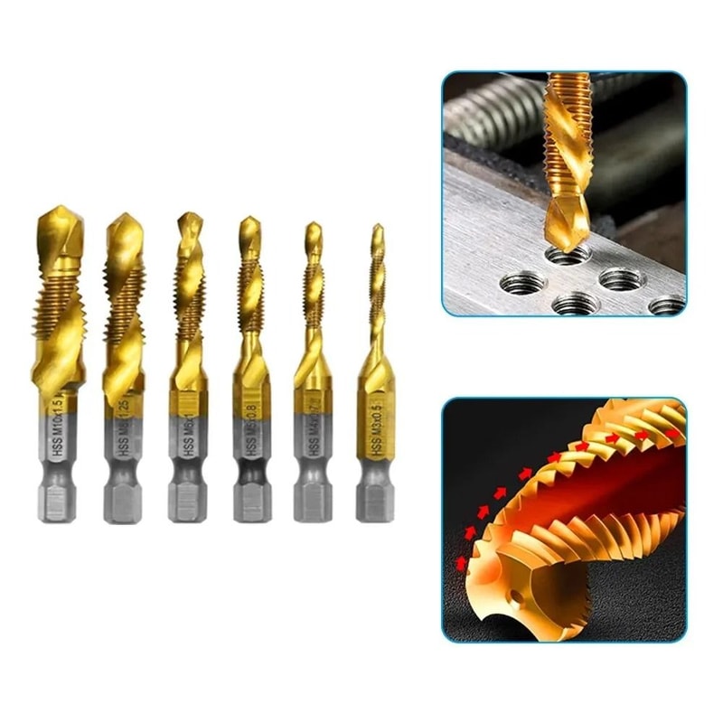 6 Piece Tap Drill Bit Set Titanium Coated Combined Drill Tap Set For Metal Threading 4