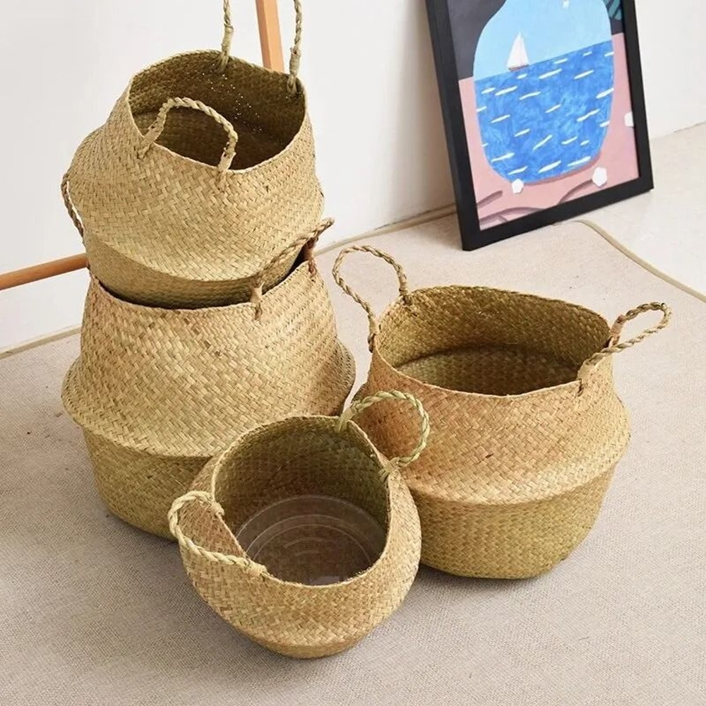 Wicker Storage Basket Folding Seagrass Basket Organizer For Laundry Toys And Plants 3