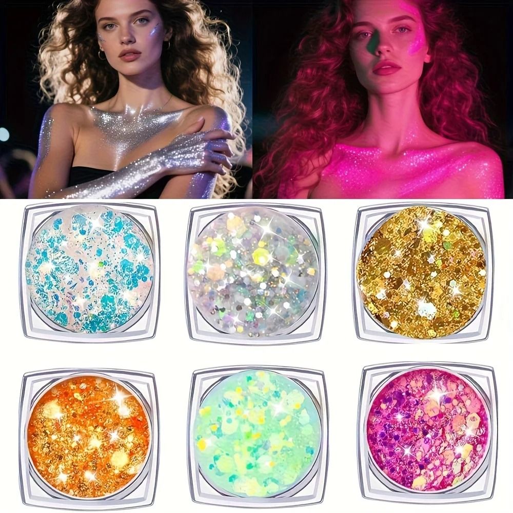 Glow In The Dark Chunky Glitter Gel Set Festival Face And Body Glitter Kit 6 Pieces 0