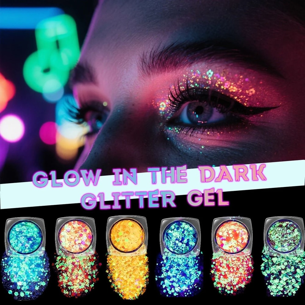 Glow In The Dark Chunky Glitter Gel Set Festival Face And Body Glitter Kit 6 Pieces 1