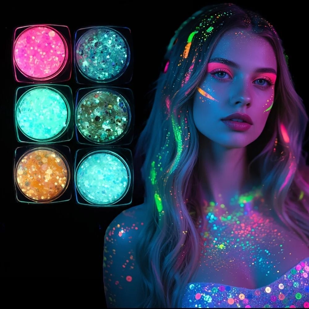 Glow In The Dark Chunky Glitter Gel Set Festival Face And Body Glitter Kit 6 Pieces 5