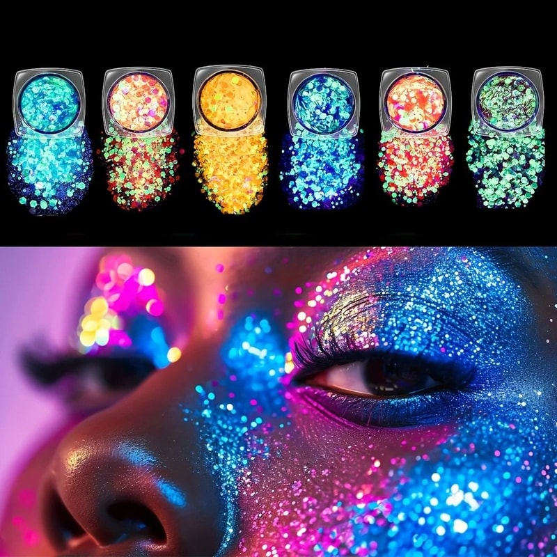 Glow In The Dark Chunky Glitter Gel Set Festival Face And Body Glitter Kit 6 Pieces 6