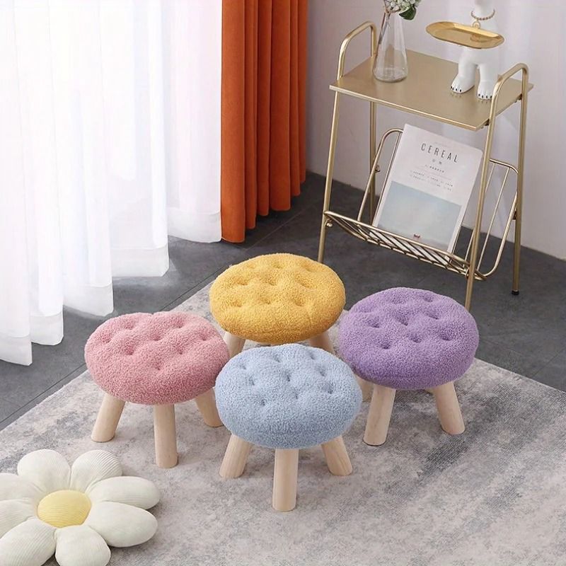 Round Upholstered Footstool Small Decorative Ottoman Shoe Changing Stool For Living Room 0
