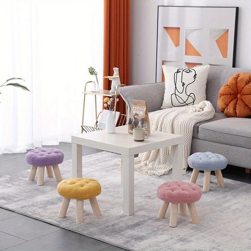 Round Upholstered Footstool Small Decorative Ottoman Shoe Changing Stool For Living Room 8