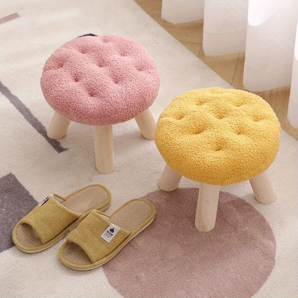 Round Upholstered Footstool Small Decorative Ottoman Shoe Changing Stool For Living Room 9