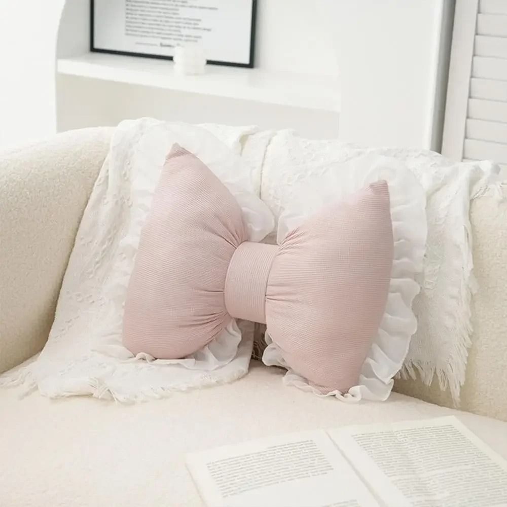 Pink Bow Decorative Throw Pillow Soft Lace Plush Cushion For Sofa Bed And Car 3