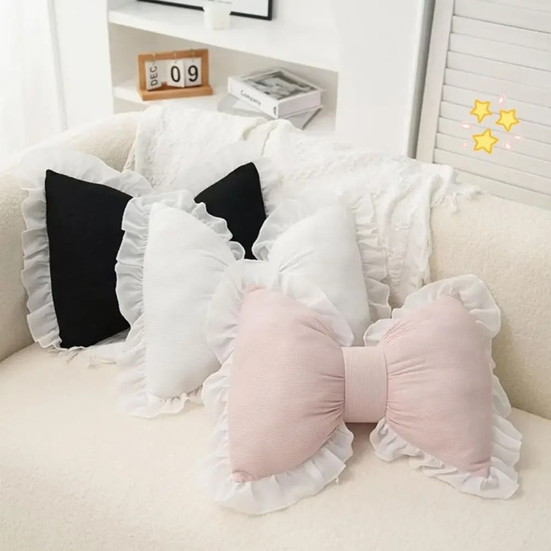 Pink Bow Decorative Throw Pillow Soft Lace Plush Cushion For Sofa Bed And Car 0