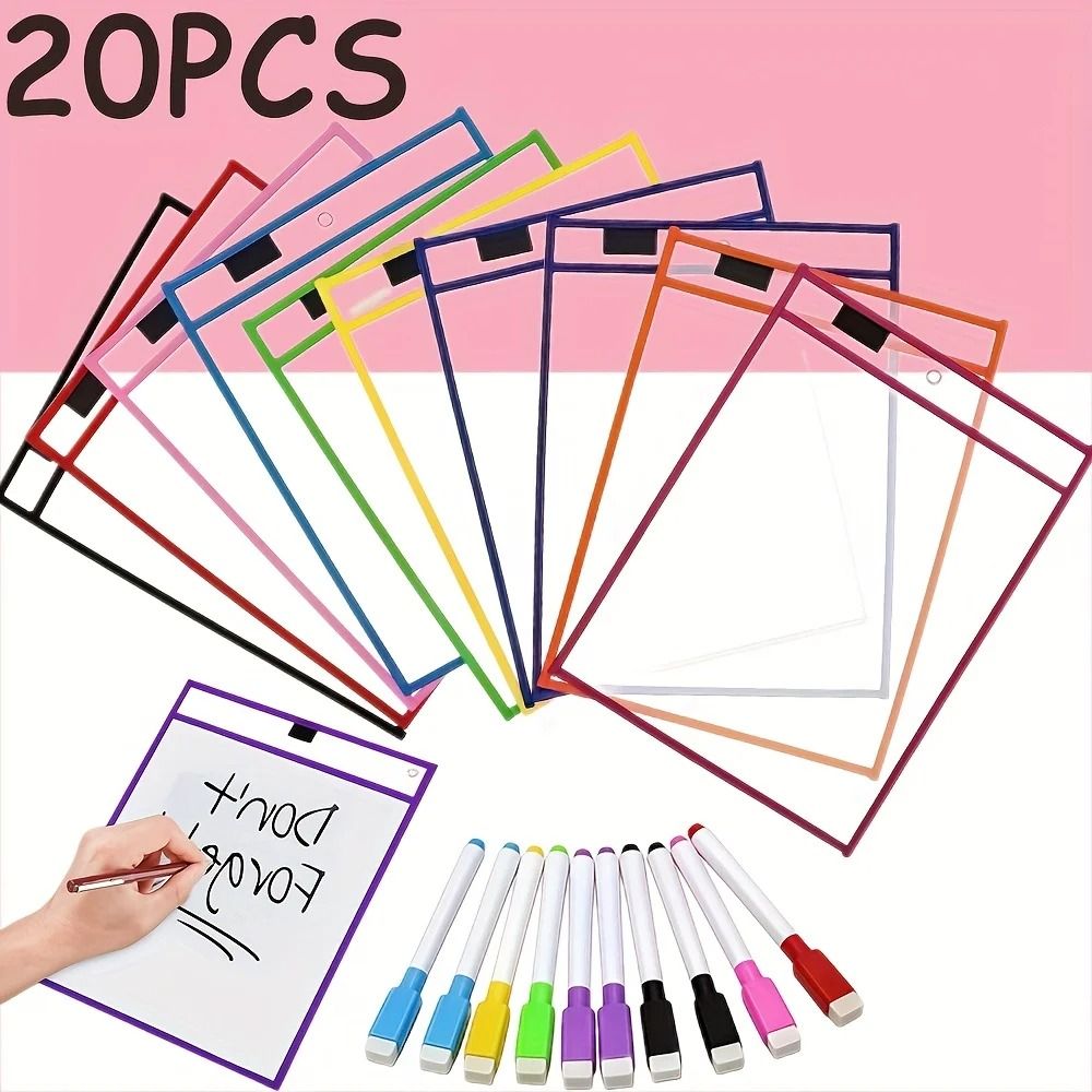 Extra Large Reusable Dry Erase Pockets Set Classroom Worksheet Sleeves 20pcs 0
