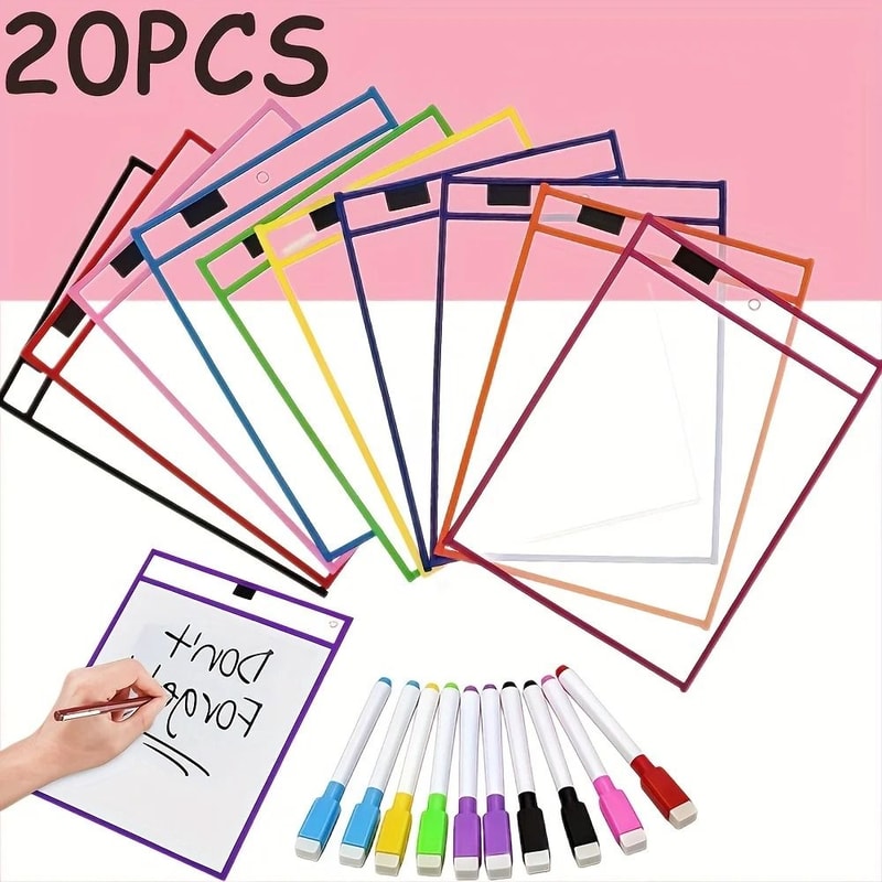 Extra Large Reusable Dry Erase Pockets Set Classroom Worksheet Sleeves 20pcs 0