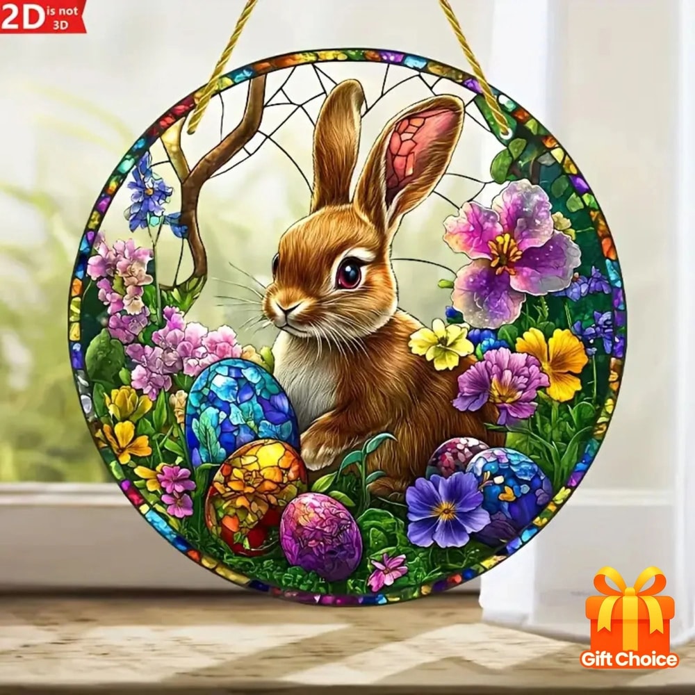 Easter Bunny Acrylic Window Hanging Decor With Eggs And Floral Design 6