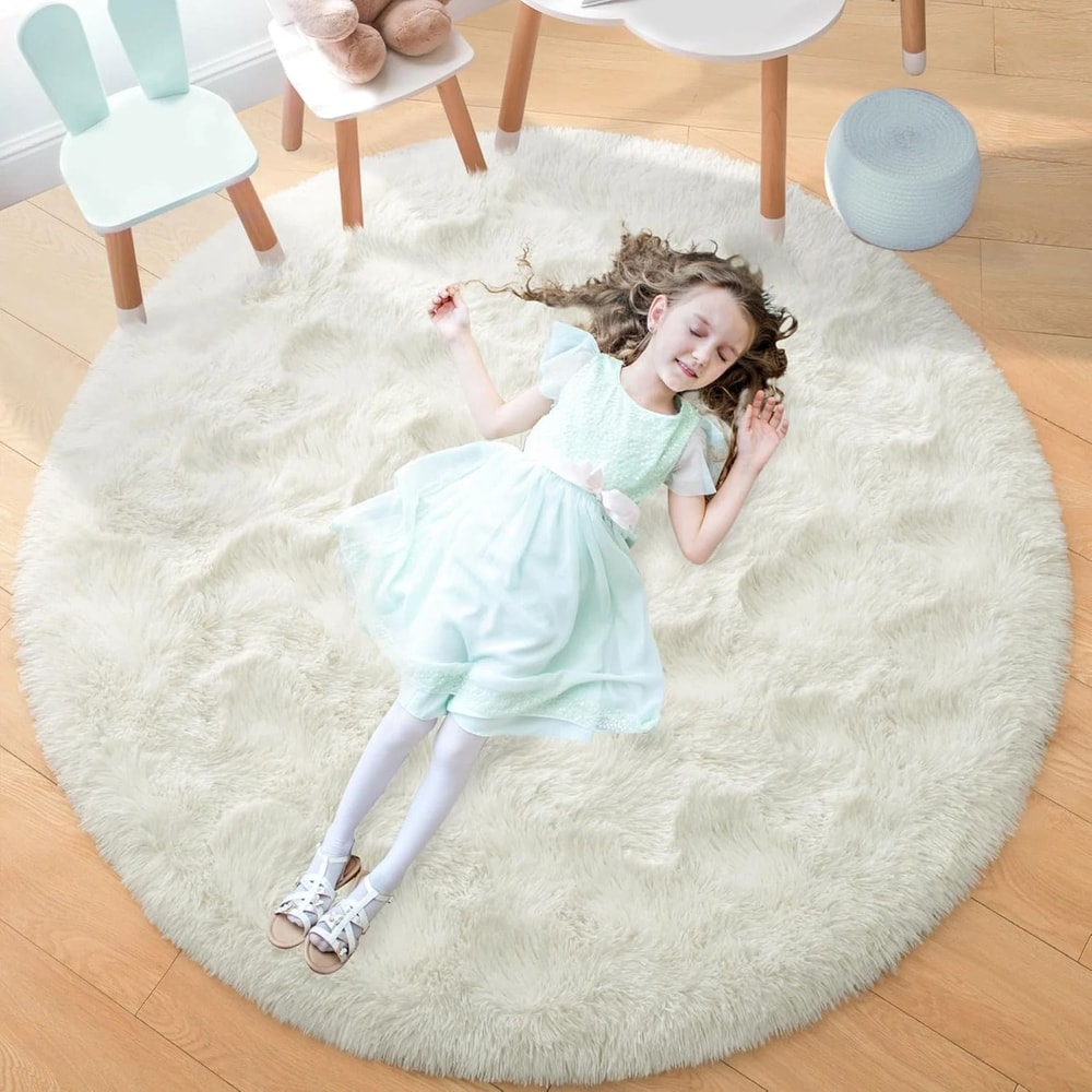 Fluffy Round Rug Black Shaggy Rug Soft Nursery Kids Room Carpet 7