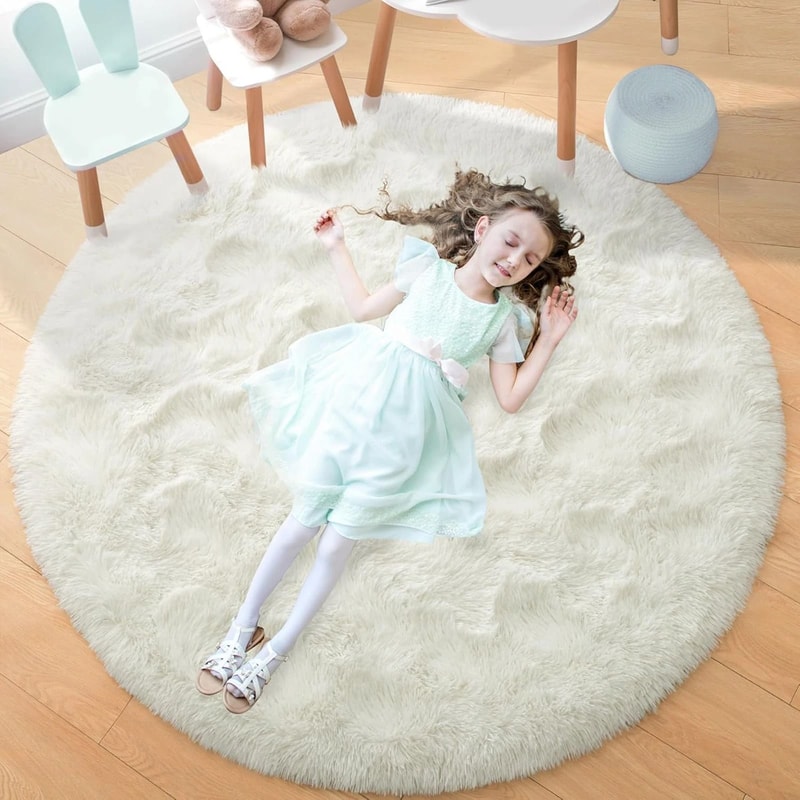 Fluffy Round Rug Black Shaggy Rug Soft Nursery Kids Room Carpet 7