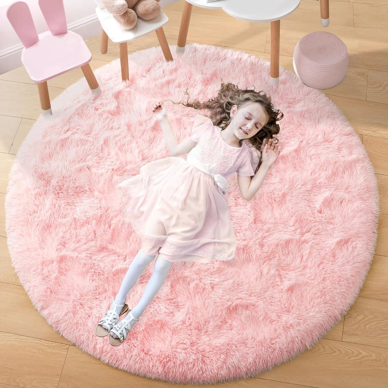 Fluffy Round Rug Black Shaggy Rug Soft Nursery Kids Room Carpet 6