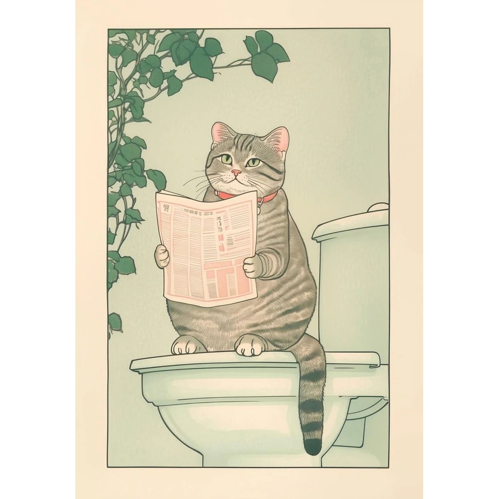 Japanese Tabby Cat Bathtub Canvas Wall Art Japandi Bathroom Decor Print 1