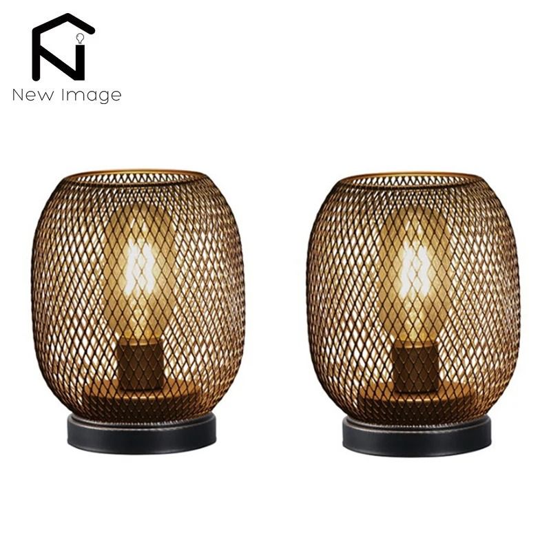 LED Lantern Table Lamp Set Metal Cage Cordless Decorative Light 0
