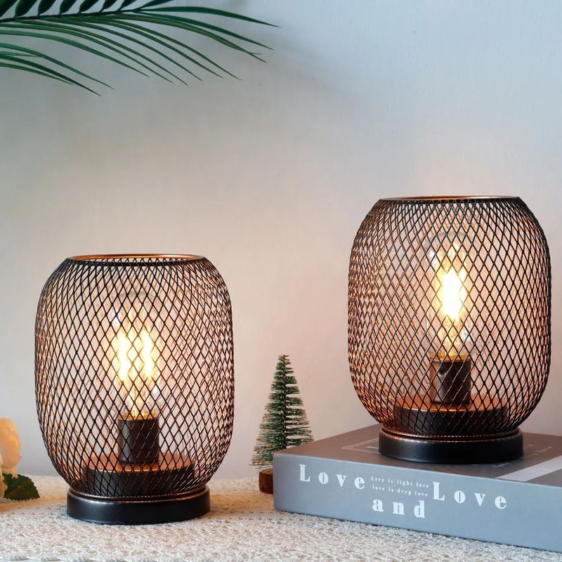 LED Lantern Table Lamp Set Metal Cage Cordless Decorative Light 4