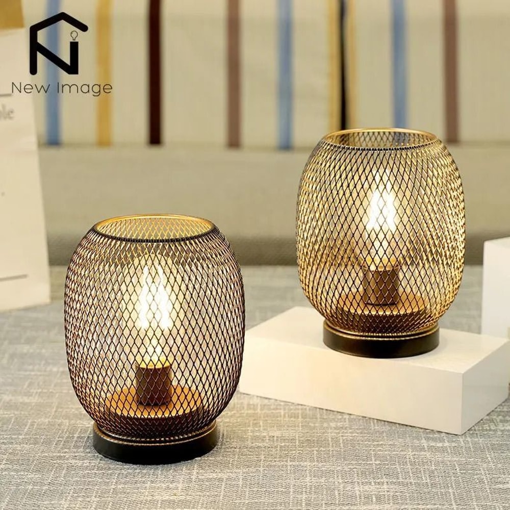 LED Lantern Table Lamp Set Metal Cage Cordless Decorative Light 5