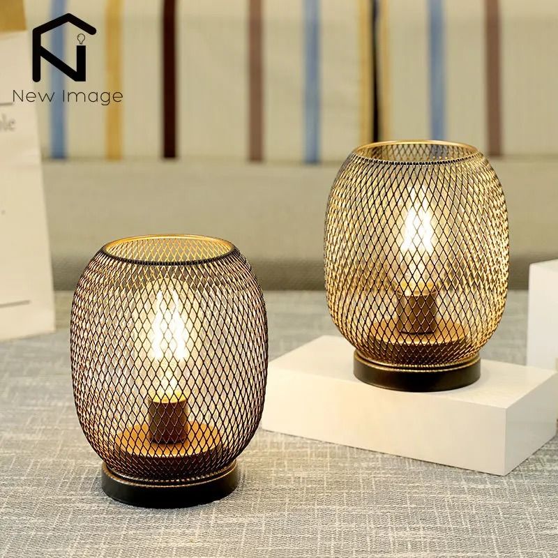 LED Lantern Table Lamp Set Metal Cage Cordless Decorative Light 5