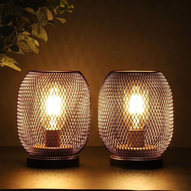 LED Lantern Table Lamp Set Metal Cage Cordless Decorative Light 7