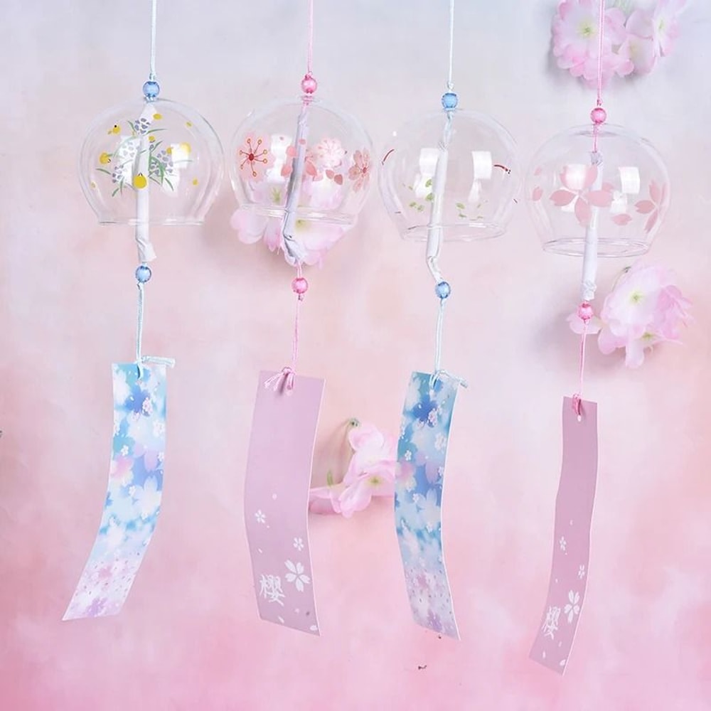 Japanese Wind Chimes Glass Sakura Wind Bell Cherry Blossom Hanging Decor 0