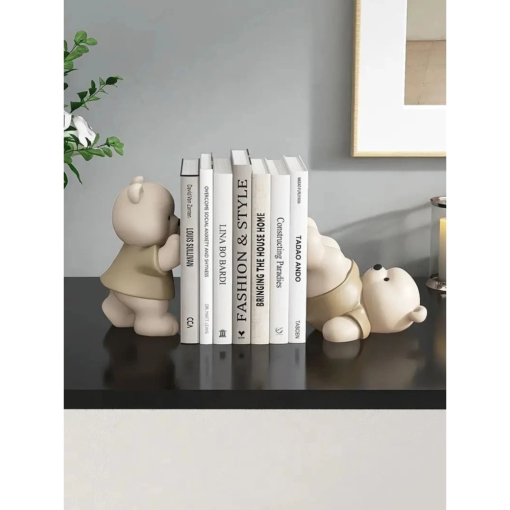 Cute Bear Bookend Decor Cream Style Resin Book Holder For Shelf And Home Display 1