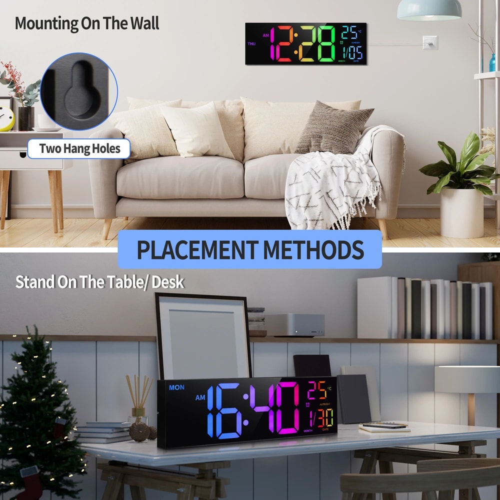 Large LED Digital Wall Clock With Remote RGB Display Temperature And Alarm For Home 3