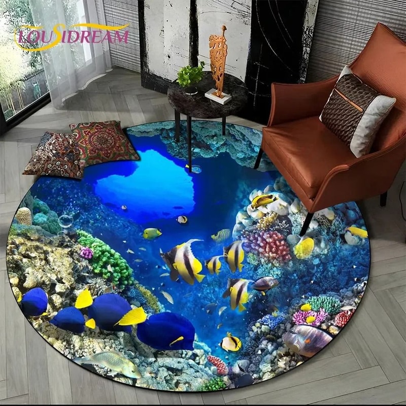 3D Ocean Dolphin Round Rug Non Slip Underwater Area Carpet For Living Room And Bedroom 1