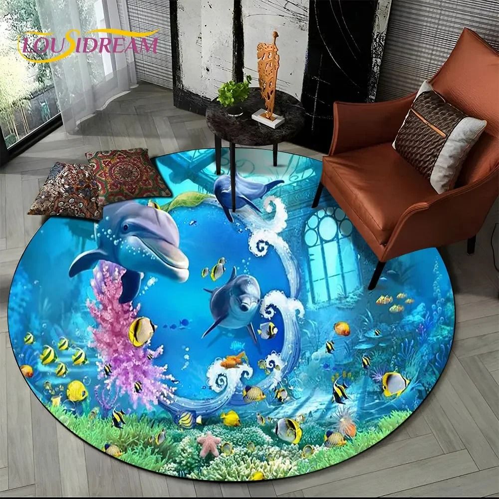 3D Ocean Dolphin Round Rug Non Slip Underwater Area Carpet For Living Room And Bedroom 9