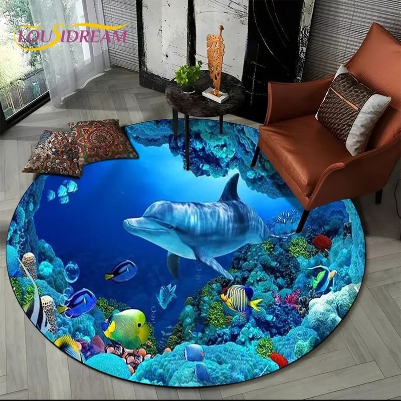 3D Ocean Dolphin Round Rug Non Slip Underwater Area Carpet For Living Room And Bedroom 4