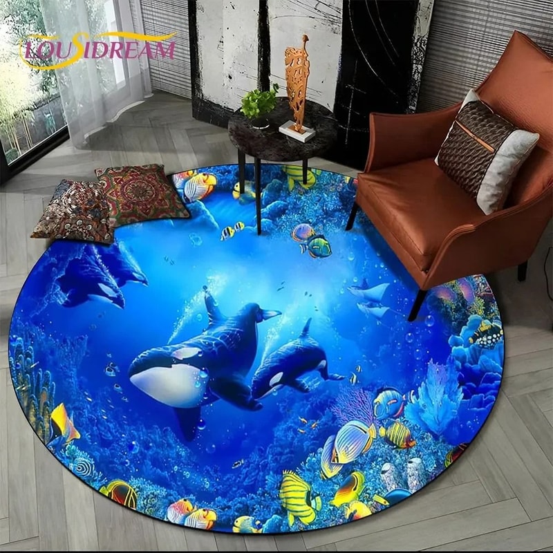 3D Ocean Dolphin Round Rug Non Slip Underwater Area Carpet For Living Room And Bedroom 6