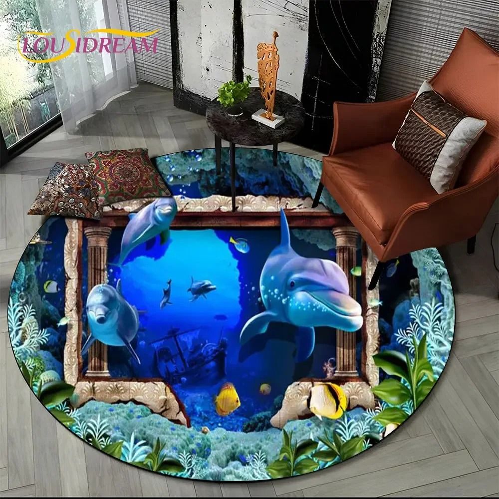 3D Ocean Dolphin Round Rug Non Slip Underwater Area Carpet For Living Room And Bedroom 24
