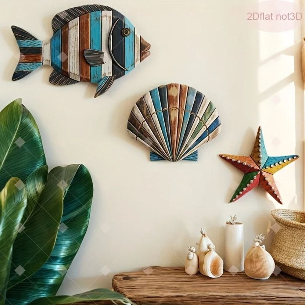 Colorful Wooden Ocean Wall Decor Set Coastal Farmhouse Beach Art Pieces 6