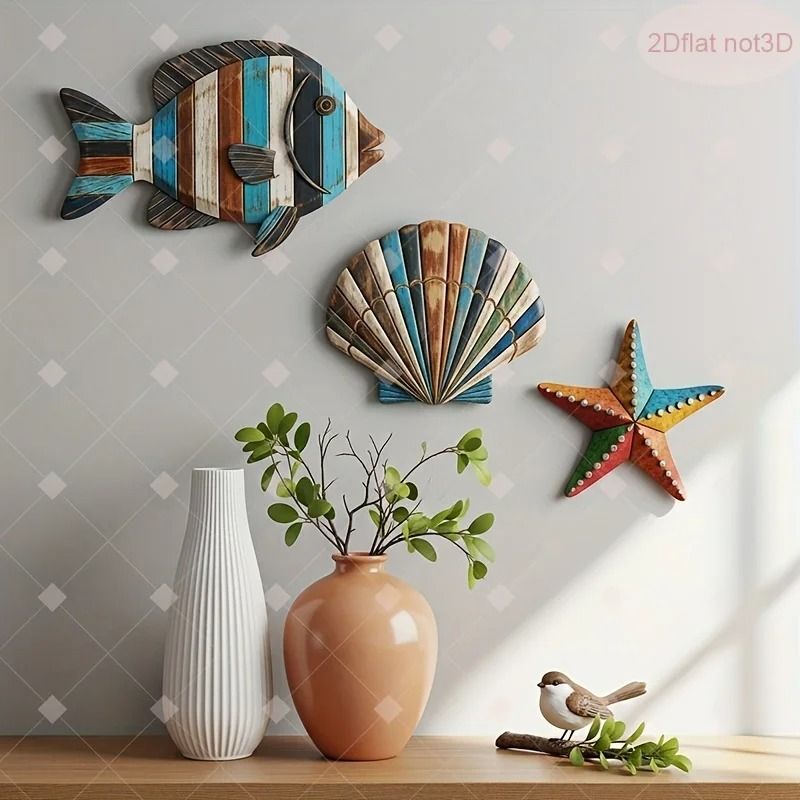 Colorful Wooden Ocean Wall Decor Set Coastal Farmhouse Beach Art Pieces 0