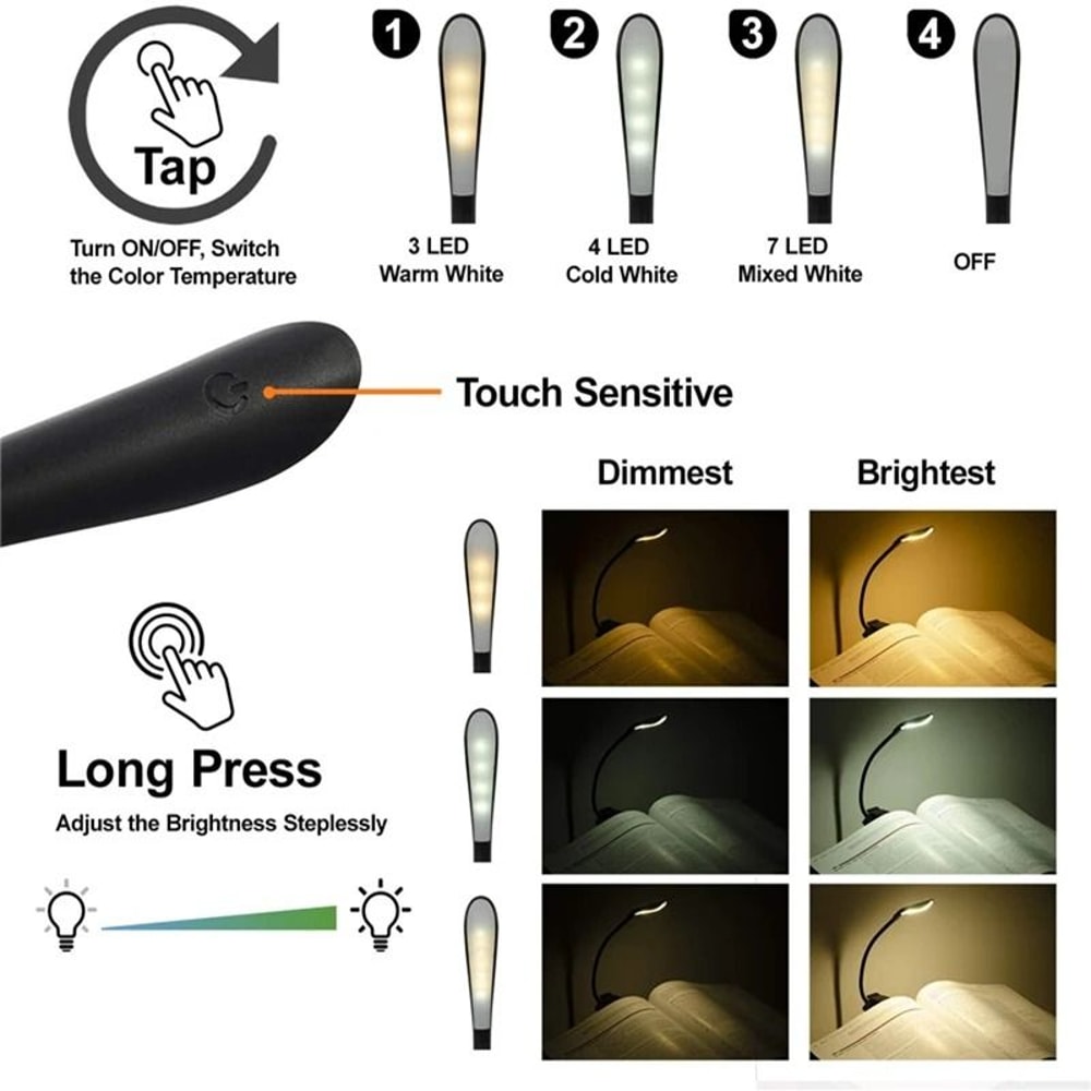 USB Rechargeable Book Light Clip On Portable LED Reading Lamp Flexible Night Light 7