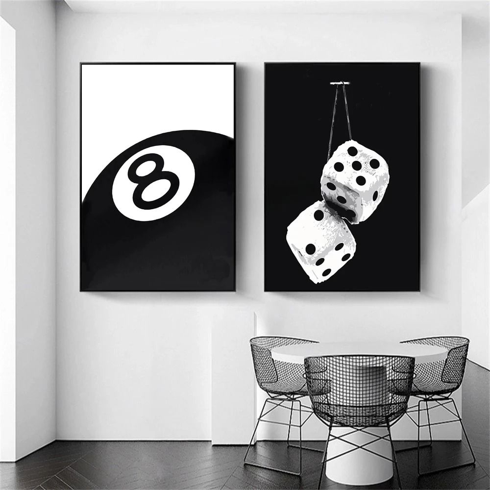 Black And White 8 Ball Billiards Wall Art Canvas Print For Game Room Decor 0