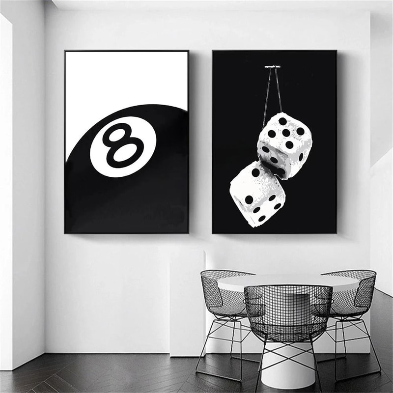 Black And White 8 Ball Billiards Wall Art Canvas Print For Game Room Decor 0