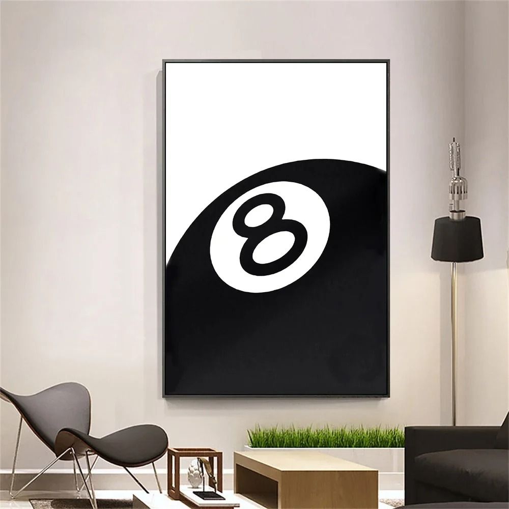 Black And White 8 Ball Billiards Wall Art Canvas Print For Game Room Decor 9