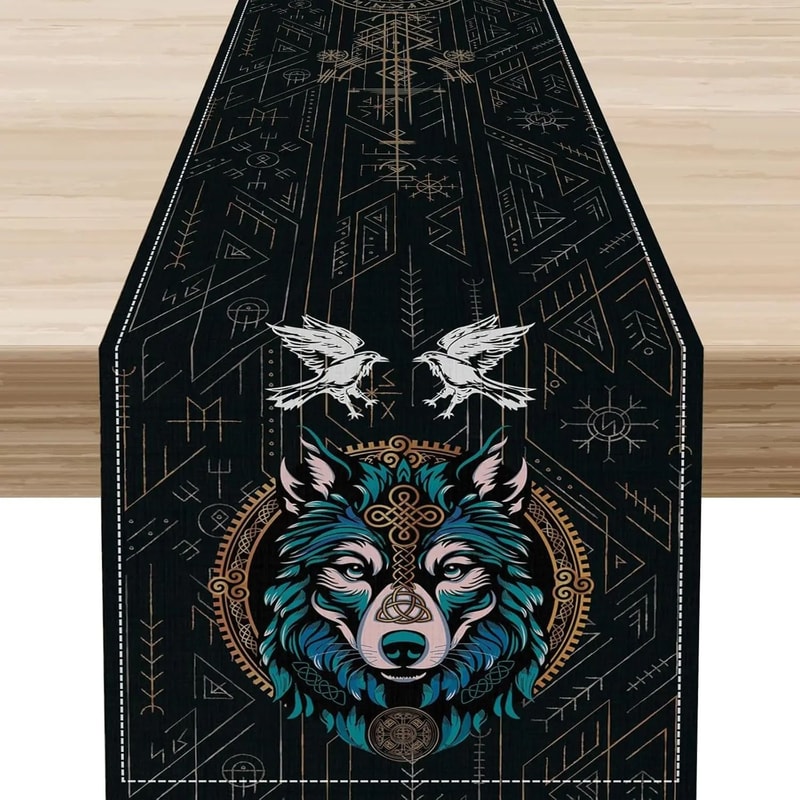 Norse Viking Raven Linen Table Runner Tree Of Life Mythology Table Decor 5